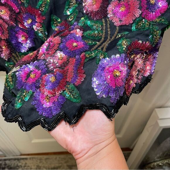Vintage Laurence Kazar Silk Floral Beaded Sequined Top Multicolor Formal - Picture 12 of 16